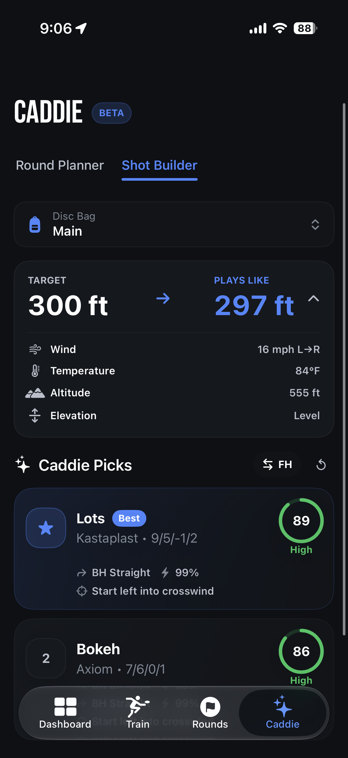 Discmetric Caddie recommendation screen with on-course strategy guidance